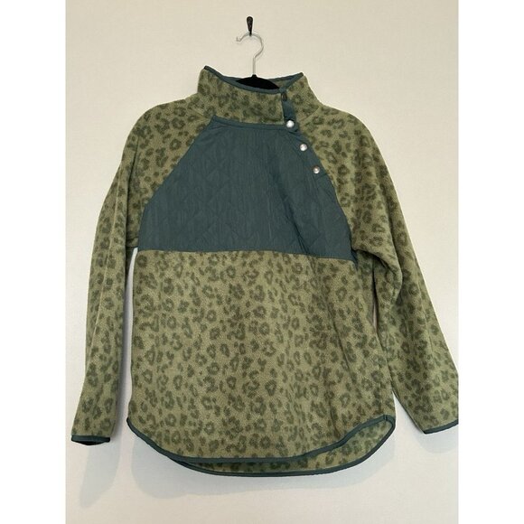 J.CREW Jackets & Blazers - J.Crew Fleece Sweater Women Green Leopard Cheetah Sherpa Snap Neck Pullover M